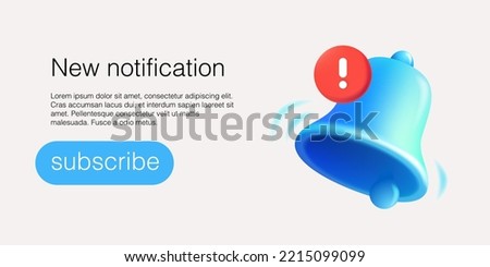 New letter banner with blue bell and notification vector template in realistic 3d plastic cartoon style. Concept for subscribe. Update time for creative web design page. Reminders illustration.
