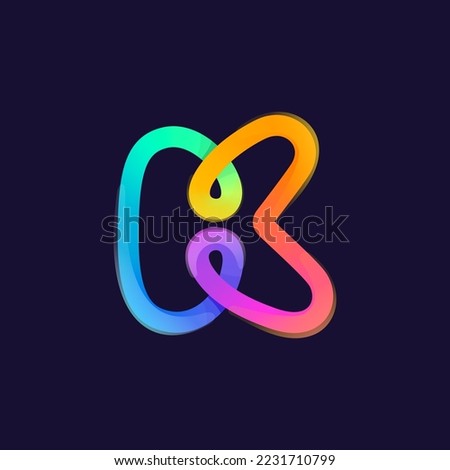 Letter K logo. Rainbow gradient one line icon. Overlapping multicolor emblem with glossy shine. Ideal for colorful app, street art design, bright advertising, toy packaging, multimedia identity.