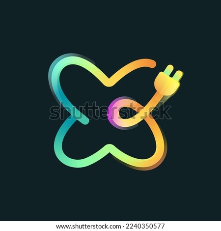 Letter X logo made of curved vivid gradient line with plug icon and rainbow shine. Overlapping multicolor emblem. Ideal for colorful electric app, eco-friendly charge design, technology advertising.