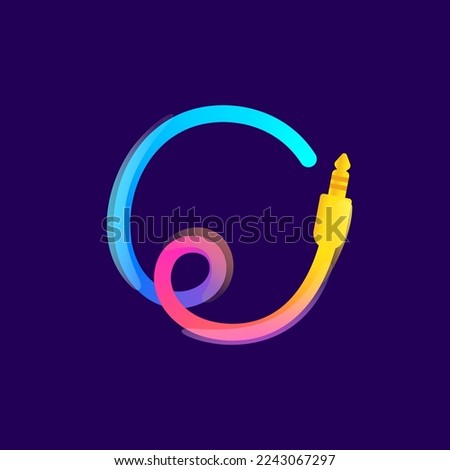 Number zero logo made of vivid gradient line wire with mini jack icon and rainbow shine. Overlapping multicolor emblem. Ideal for music app, audio design, DJ identity, technology advertising.