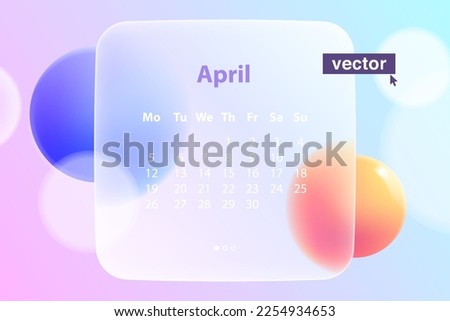 UI, UX screen for calendar in glassmorphism style. Responsive lilac colored mobile application. Vector illustration with text block. Presentation with glass overlay effect on liquid gradient spheres.