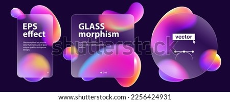 Glassmorphism frames, transparent glass plates with floating shapes. Website landing page, presentation, phone, and credit card frames with blur effect vector set. Multicolor rainbow illustration.