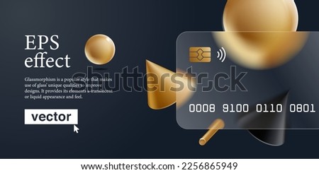 Banner with transparent frosted bank card with glassmorphism effect. Vector illustration with flowing golden shapes. Perfect rich design for glamour app, fashion or luxury ad, jewelry presentation.