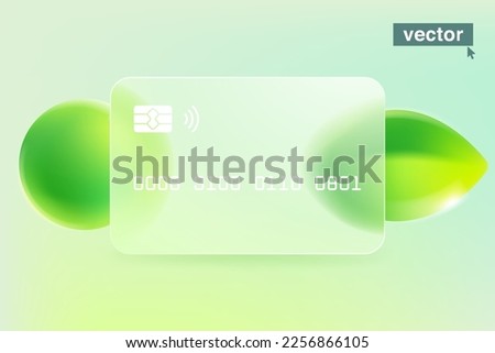 Bank card with glassmorphism effect. Eco friendly template with blurred floating green leaves and spheres. Vector background for nature app, agriculture identity, summer banner, organic design.