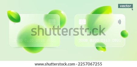 Bank card with glassmorphism effect. Eco friendly template with blurred floating green leaves and spheres. Vector background for nature app, agriculture identity, summer banner, organic design.