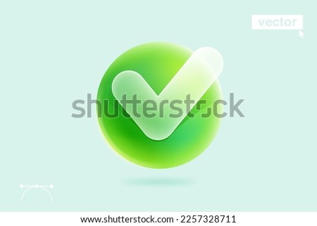 Glassmorphism style transparent checkmark icon on green sphere. 3d isolated tick logo. Eco friendly yes button. Vector emblem for nature app, antivirus identity, protection banner, checklist design.