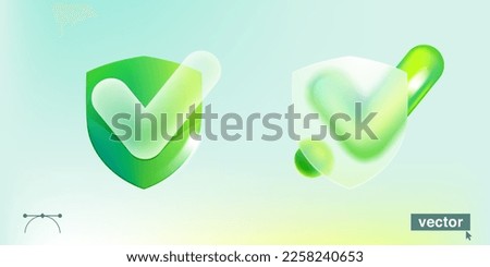 Eco friendly shield symbol and checkmark icon template in glassmorphism style with blurred floating green spheres. Vector for nature app, antivirus identity, safe banner, checklist design.