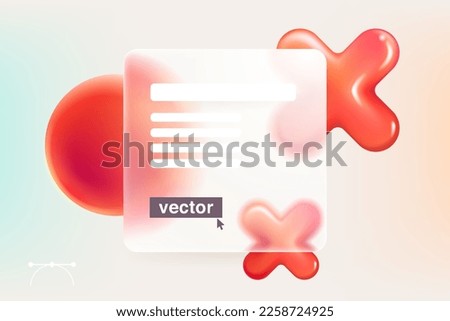 Transparent square card screen in Glassmorphism style with red rejection logo. Matte glass 3D red cross, no, error, block, disapprove, cancel, prohibition, wrong choice, negative, deny icons.