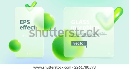 Cards screens in glassmorphism effect with checkmark icon and green sphere. Eco-friendly 3d isolated tick logo. Vector emblem for nature app, antivirus identity, protection banner, checklist design.