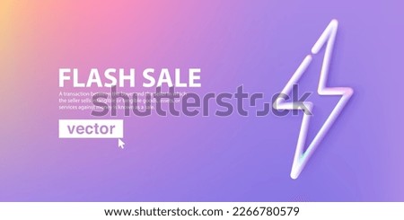 Flash sale banner template. Lilac lightning or thunder neon line icon on violet pastel background with shadow vector 3D rendering. UI element for Cyber Monday, Black Friday advertising pages.