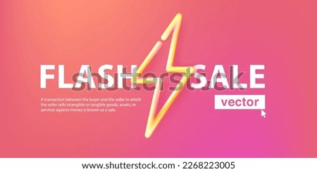 Flash sale banner template. Yellow neon thunder or lightning isolated on pink background. Pure vector 3D rendering style illustration. UI element for Cyber Monday, Black Friday advertising pages.