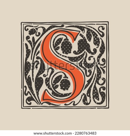 S letter drop cap logo in medieval engraving style. Blackletter square initial. Illuminated dark-age emblem with lush foliage and tulips. Perfect for vintage identity, gothic posters, luxury packaging
