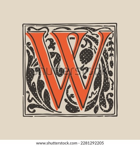 W letter drop cap logo in medieval engraving style. Blackletter square initial. Illuminated dark-age emblem with lush foliage and tulips. Perfect for vintage identity, gothic posters, luxury packaging