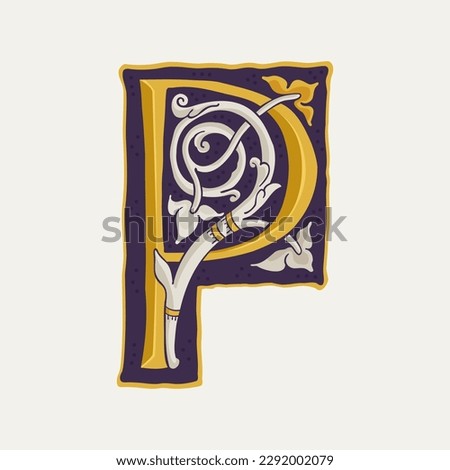 P letter drop cap logo. Square medieval initial with gold texture and white vine. Renaissance calligraphy emblem. Vector premium elements for luxury identity, vintage package, engraved charter, etc.