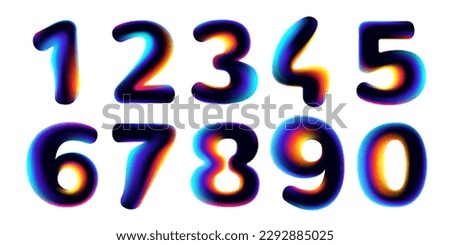 Numbers 0 to 9 with neon glitch. Multicolor gradient signs with double exposure and illusion effect. Glowing color shift vector icons. Perfect for your vibrant heading, video game screen, Sale banner.