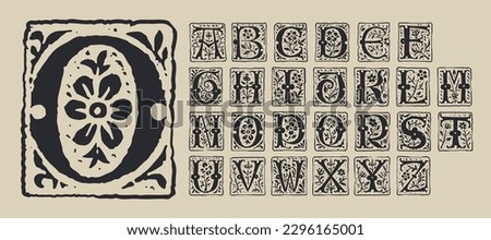 Medieval alphabet. Grunge gothic initials. 16th century engraved drop caps. Blackletter style vintage font. Middle Ages capital letters with floral ornament. Vector square illuminated calligraphy.