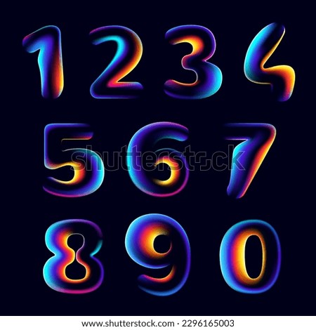 Numbers 0 to 9 with neon glitch. Multicolor gradient signs with double exposure and illusion effect. Glowing color shift vector icons. Perfect for your vibrant heading, video game screen, Sale banner.