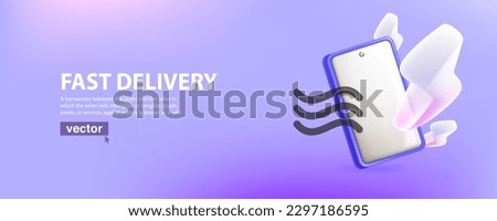 Smartphone with lightning bolts and mail line stamp. Realistic 3D geometric objects. Vector art in fun cartoon plastic style. Perfect template for delivery, shipping, mail, online shopping banner.