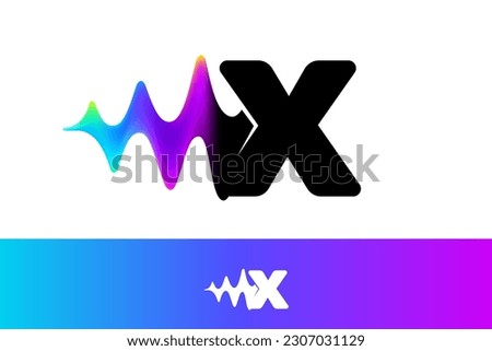 Letter X logo with sound wave flow. Vibrant line glitch effect. Multicolor neon gradient icon. Vector font for audio label, multimedia company advertising, DJ posters, game screens, music identity.