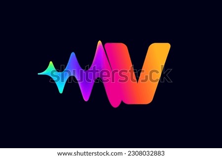 V letter logo with pulse music player element. Vibrant sound wave flow line and glitch effect. Neon gradient icon. Vector template for techno store, electronic music, audio equalizer, DJ posters.