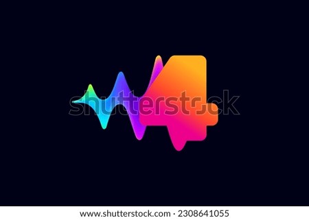 4 logo. Number four logo with pulse music player element. Vibrant sound wave flow line and glitch effect. Neon gradient icon. Vector for techno store, electronic music, audio equalizer, DJ posters.