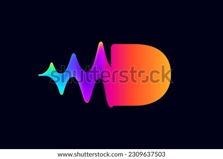 D letter logo with pulse music player element. Vibrant sound wave flow line and glitch effect. Neon gradient icon. Vector template for techno store, electronic music, audio equalizer, DJ posters.