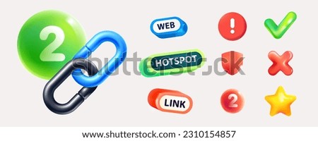 Internet connection icon set. Chain links, emblems, checkmark, red cross, star, shield in 3D cartoon plastic style. Realistic vector for blockchain design, hotspot logo, crypto currency app, NFT UI.