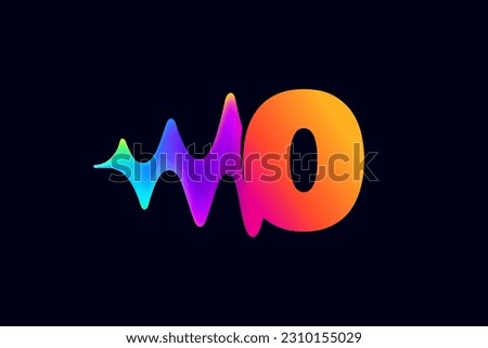 0 logo. Number zero logo with pulse music player element. Vibrant sound wave flow line and glitch effect. Neon gradient icon. Vector for techno store, electronic music, audio equalizer, DJ posters.