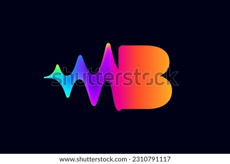B letter logo with pulse music player element. Vibrant sound wave flow line and glitch effect. Neon gradient icon. Vector template for techno store, electronic music, audio equalizer, DJ posters.