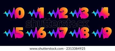 Numbers set with pulse music player elements. Vibrant sound wave flow line and glitch effect. Neon gradient icons. Vector template for techno store, electronic music, audio equalizer, DJ posters.