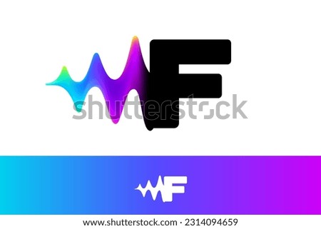 Letter F logo with sound wave flow. Vibrant line glitch effect. Multicolor neon gradient icon. Vector font for audio label, multimedia company advertising, DJ posters, game screens, music identity.