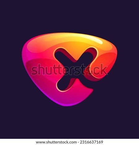 Initial letter X logo cut out of triangle sphere shape. Multicolor metallic arrow icon template. Abstract vector design element. Perfect for play button, fintech identity, sport emblem, delivery app.