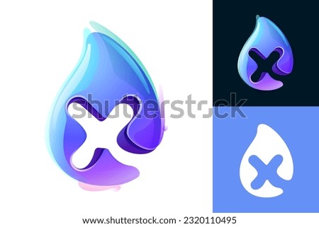 Pure water drop X letter logo. Eco-friendly 3D realistic icon. Wild wave initial in overlapping watercolor style. Dew droplet for healthy drink bottle emblem. Font for filter labels, nature posters.