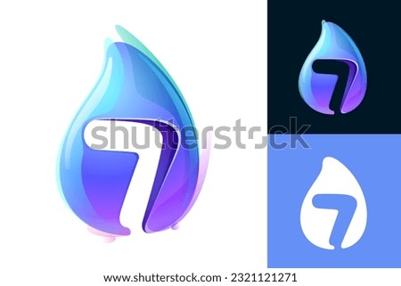 7 logo. Pure water drop number seven logo. Eco-friendly 3D realistic icon. Wild wave initial in overlapping watercolor style. Dew droplet for healthy drink bottle emblem. Font for filter, nature art.