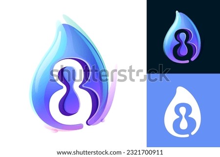 8 logo. Pure water drop number eight logo. Eco-friendly 3D realistic icon. Wild wave initial in overlapping watercolor style. Dew droplet for healthy drink bottle emblem. Font for filter, nature art.