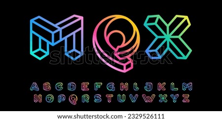 Isometric alphabet set. Neon lights emblems. Multicolor gradient impossible lines design. Cubic bright icons for blockchain labels, nightlife headlines, futuristic posters, NFT advertisement.