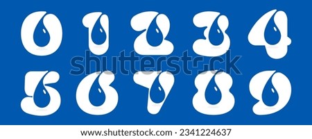 0 to 9 logos. Numbers set with blue water dew drops. Negative space icons. Spring water emblems. Vector for pure drink company, swimming posters, waste recycling identity, fight against drought adv.