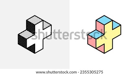 Isometric plus logo. Optical illusion sign. Retro 3D icons set with black and white polka dots and colored options. Vector impossible shape for halftone label, crypto company, vintage posters.