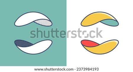 Sphere logo. Yin and yang overlapping emblem. Optical intersection sign. Retro 3D overlay icons with halftone polka dots and color shift. Vector impossible shape for vintage label, fintech startup.