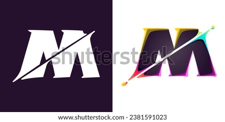 M letter logo letter with cyber distortion, color shift effect. Multicolor gradient type. Neon glitch illusion icon. Colorful font for futuristic tech heading, video game screen, vibrant gambling art.