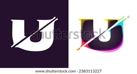 U letter logo letter with cyber distortion, color shift effect. Double exposure font. Neon glitch illusion icon. Colorful type for futuristic tech heading, music poster, vibrant sale banner.