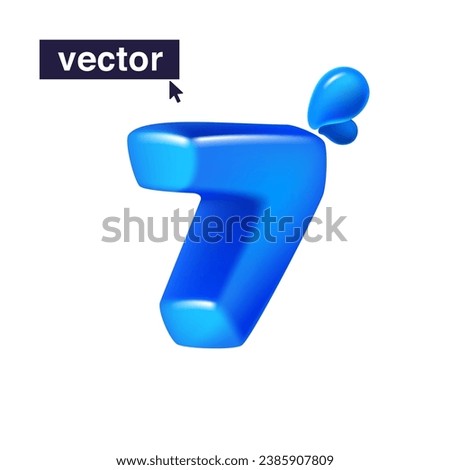 7 logo. Number seven 3D render in cartoon cubic style made of blue clear water and dew drops. Eco-friendly vector illustration. Impossible isometric shapes. Perfect for nature banner, filter labels.