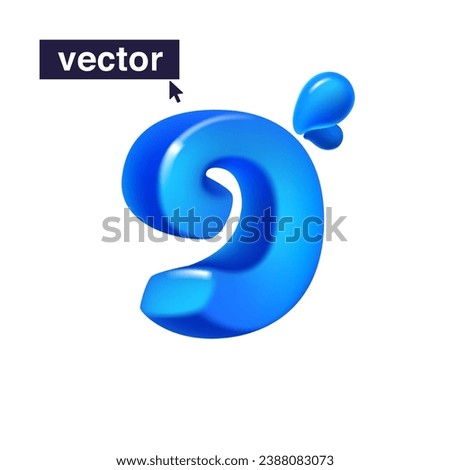 9 logo. Number nine 3D render in cartoon cubic style made of blue clear water and dew drops. Eco-friendly vector illustration. Impossible isometric shapes. Perfect for nature banner, filter labels.