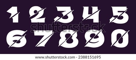 0 to 9 logos. Numbers set with cyber distortion, shape-shift effect. Double exposure font. Glitch illusion icon. Monochrome type for futuristic tech heading, music poster, vibrant sale banner.