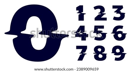 0 to 9 logos. Numbers set with shape glitch. Double exposure style. Monochrome sign with hologram and illusion effect. Vector icon for nightlife labels, game screens, vibrant adv.