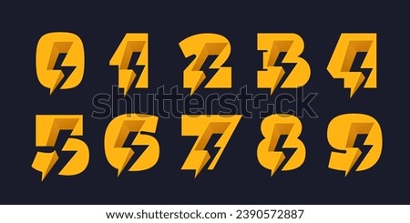 0 to 9 logos. Numbers set with negative space lightning. Flash vector monogram. Electric bolt icon. Perfect type for energy labels, superhero print, rock music posters, delivery art, electromobile adv