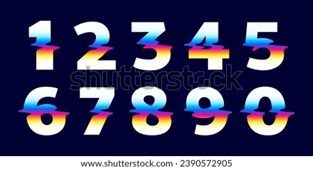 0 to 9 logos. Numbers set with color glitch. Neon double exposure style. Multicolor gradient sign with hologram and illusion effect. Glowing color shift vector icon for nightlife labels, game screens.