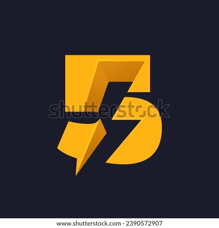 5 logo. Number five with negative space lightning. Flash vector monogram. Electric bolt icon. Perfect type for energy labels, superhero print, rock music posters, delivery art, electromobile adv.