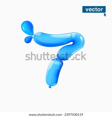 7 logo. Number seven made of blue clear water and dew drops. Eco-friendly realistic 3D twisted balloons. Vector elements in plastic cartoon style. Perfect for pure nature banner, healthy filter labels