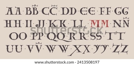 Carolingian Majuscule alphabet. Old Romanesque font from 13th century.  Square Capitals from medieval manuscript. Upper-case lettering, the base for Lombardic capitals. Elegant classic serif font.